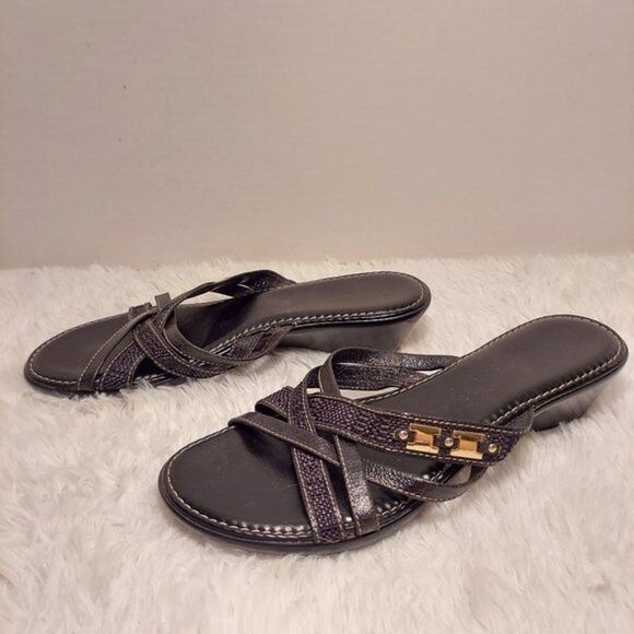 Womens Strappy Sandals Size 9 Made in Italy Black Leather Slip On 1.5" Wedge - Picture 2 of 12
